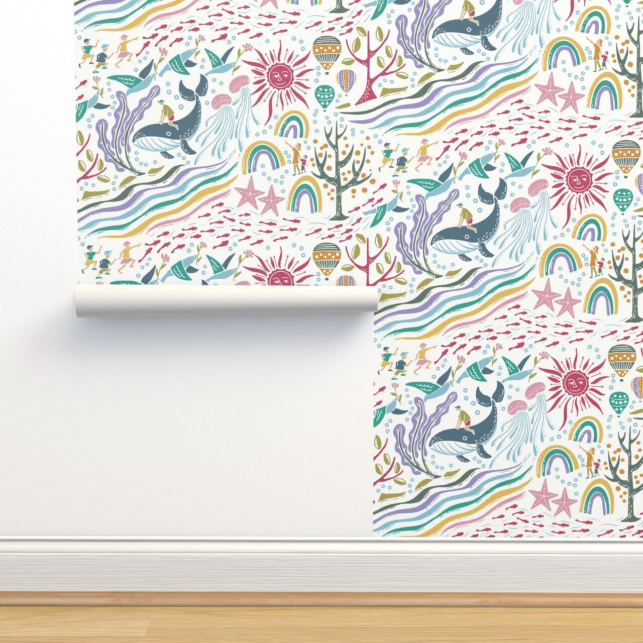 Under The Sea Blue Pink Purple Whale Sun Sea Creatures Custom Removable Wallpaper by Spoonflower Peel & Stick Wallpaper 2FT Wide